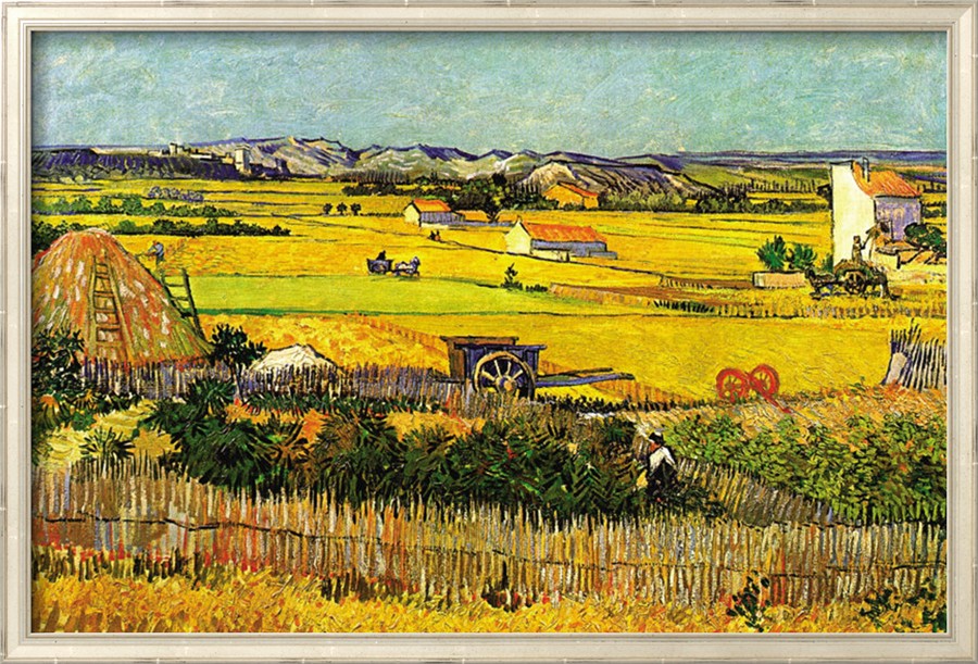 Harvest At La Crau with Montmajour In The Background - Van Gogh Painting On Canvas